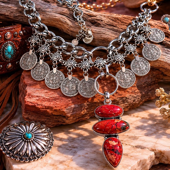 artisan, Rubyrudi, handcrafted Jewelry - Artisan Handcrafted RED BRECCIATED JASPER Pendant Necklace Coins Up Cycled OOAK